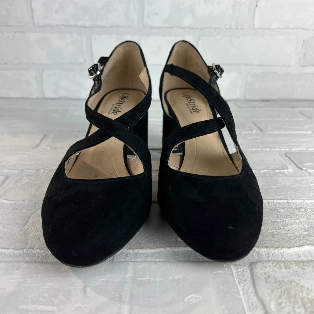LifeStride Heels Pumps Womens 8.5‎ Tracy Black Suede Strappy Block Heel Classy